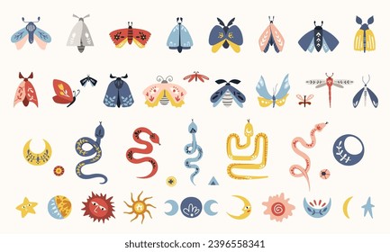 Folk moth, butterfly, snake, moon, stars clip arts vector set in Scandinavian Nordic style, hygge insects isolated designs on white. Collection of classic ethnic elements. Funny scandi folk motifs