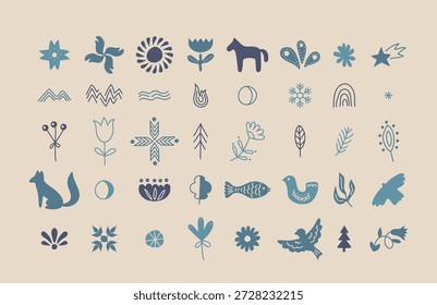 Motivo popular Elementos escandinavos isolados conjunto com ornamentos naturais orgânicos, florais, animais e geométricos. Flores nórdicas tradicionais, folhas, pássaros desenhos nórdicos ilustração vetorial