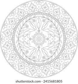 Folk motifs embroidery template, coloring mandala. Ornamental round doodle illustration, Linear Folk art