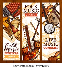 Folk music banner set with ethnic musical instrument sketches. Viola, drum, sitar, lute, banjo, tabla, flute, accordion and balalaika for live music concert poster or folk festival flyer design