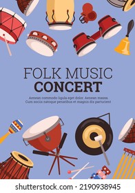 Folk music concert advertising flyer or poster, flat vector illustration. Traditional music instruments - gong, kettle drum, bongo, castanets and maraca. Percussion instruments banner.