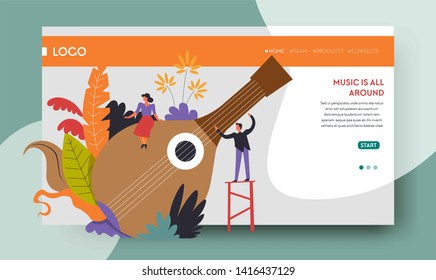 Folk music concert string music instrument web page template vector man playing domra art performance online ticket order Internet site mockup musicians playing melody notes and symphony orchestra