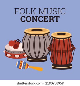 Folk music festival banner or poster background flat cartoon vector illustration. Leaflet or poster template with drums for music fest and performance promotion.