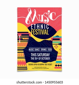 Folk music festival or ethnic music poster design template of national or ethnic musical instruments African jembe