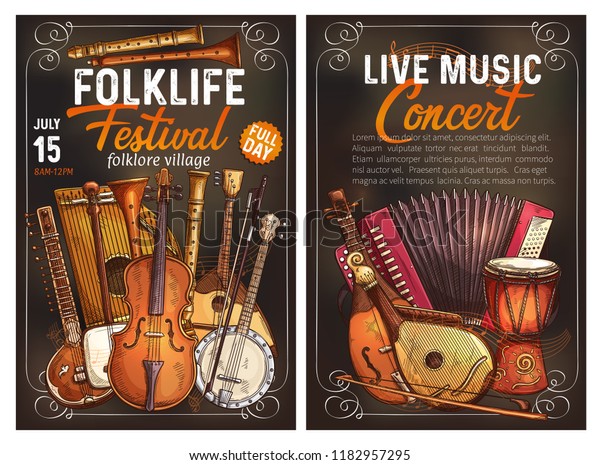 Folk music festival live concert invitation poster\
with ethnic musical instrument. Viola, drum and sitar, balalaika,\
banjo and flute, shamisen, zither and accordion, bandura and rebec.\
Sketch banner