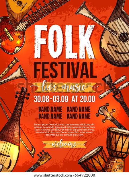 Folk music festival poster design template of\
national or ethnic musical instruments african jembe drums, russian\
balalaika, chinese or greek sitar or zyther and japanese biwa for\
live concert