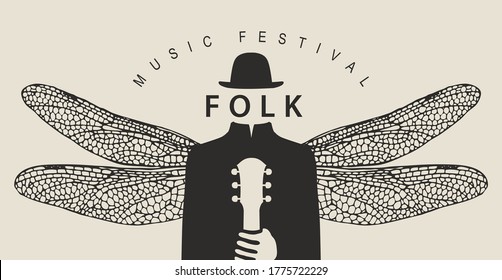 Folk music festival poster with a mysterious man without a face, but wearing a hat with dragonfly wings holding a guitar. Creative vector illustration, suitable for banner, flyer, invitation, cover