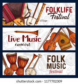 Folk music festival sketch banners of traditional musical instruments. Vector design of zither, American banjo guitar or flute and reed pie with Japanese shamisen and Indian sitar for live concert