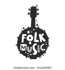 Folk music festival vector banner template. Djembe silhouette with stylized lettering. Cultural entertainment. Musical instrument with ink drops. Poster design element.