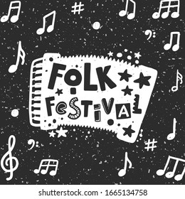 Folk music festival vector illustration. Accordion silhouette with stylized lettering. Cultural entertainment. Musical instrument with ink drops. Poster, card design.