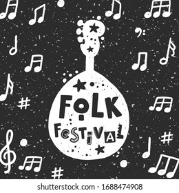 Folk music festival vector illustration. Djembe silhouette with stylized lettering. Cultural entertainment. Musical instrument with ink drops. Poster, card design.