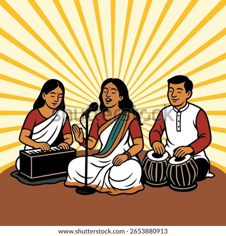 Folk Music Group Performing with Harmonium Tabla and Vocal in Bengali Cultural Style Vector