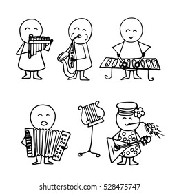 Folk music group. Set of cute doodle people playing different musical instruments. Vector doodle Illustration. Musical background.