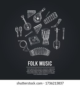 Folk music isolated hand drawn doodles Vector set