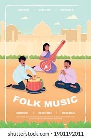 Folk music poster flat vector template. Traditional songs of specific nation. Brochure, booklet one page concept design with cartoon characters. Exotic musical instruments flyer, leaflet