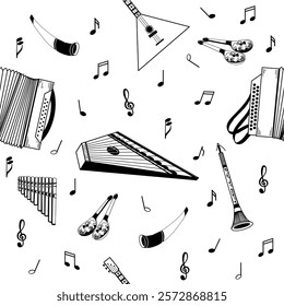 Folk musical instruments, accordion, balalaika, flute, horns and notes. All objects are hand drawn in vector in black color. Vector illustration. Suitable for posters, invitations.