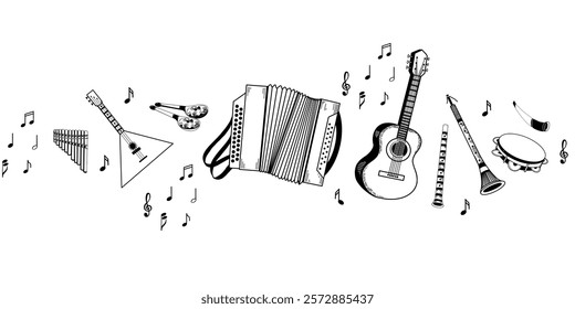 Folk musical instruments, accordion, balalaika, horn, flute, spoons, notes, acoustic guitar. All objects are hand-drawn in vector, suitable for printing on posters, invitations, postcards.