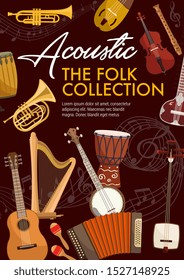 Folk musical instruments. Vector music notes, ethnic djembe drums, saxophone and accordion. Banjo guitar and balalaika, harp and notes stave, violin and flute, sitar and samisen