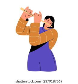 Folk musician perform on wooden flute. Performer play on music instrument, hold in hands. Young woman on orchestral performance, acoustic concert. Flat isolated vector illustration on white background