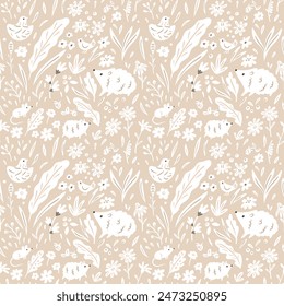 Folk nature seamless pattern with cute baby animals and flowers. Adorable floral print with cute birds, hedgehog, mouse in forest. Vintage textile ornament illustration