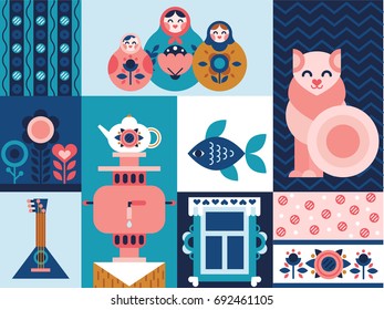 Folk nesting dolls, cat and flowers scandinavian and russian motives seamless vector pattern for fabric. Modern textile design