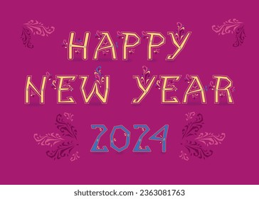 Folk New Year 2024. Artistic font with folk-inspired decor. Red background. Bold yellow letters, adorned with intricate geometric patterns, spell out the message of good cheer. The blue number 2024