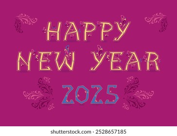 Folk New Year 2025. Artistic font with folk-inspired decor. Vibrant red background. Bold yellow letters, adorned with intricate geometric patterns, spell out the message of good cheer. The blue number