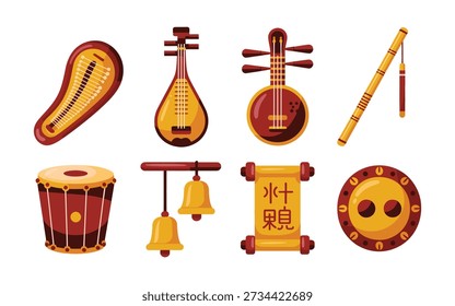 Folk orchestra instrument set, pipa lute, erhu fiddle, bamboo flute, big drum, festival stage concert, cultural heritage music vector