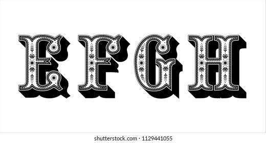 Folk ornament font Alphabet E F G H for your design. Isolated characters. Vector design element for your art. Ornamental typescript, vintage design lettering.