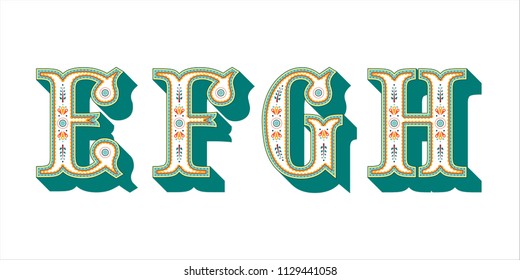 Folk ornament font Alphabet E F G H for your design. Isolated characters. Vector design element for your art. Ornamental typescript, vintage design lettering.