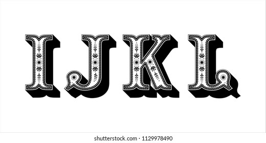Folk ornament font Alphabet I J K L for your design. Isolated characters. Vector design element for your art. Ornamental typescript, vintage design lettering.