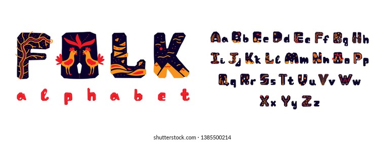 Folk ornament font, english alphabet. Boho, scandinavian style set of letters abc. Vector