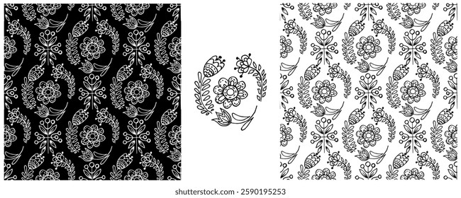 Folk ornament. Monochrome Seamless Patterns 