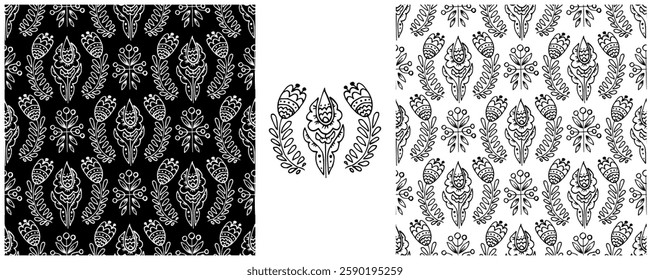 Folk ornament. Monochrome Seamless Patterns 