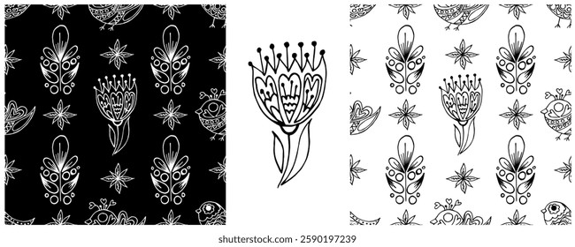 Folk ornament. Monochrome Seamless Patterns 
