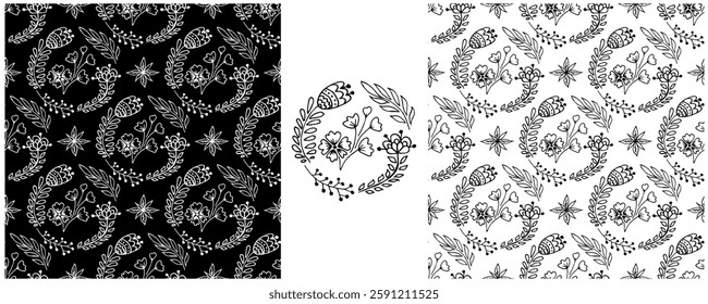 Folk ornament. Monochrome Seamless Patterns 