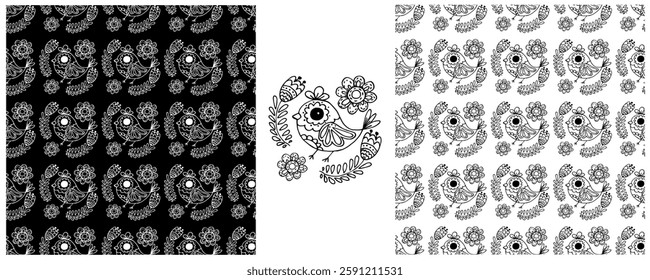 Folk ornament. Monochrome Seamless Patterns 