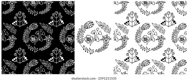 Folk ornament. Monochrome Seamless Patterns 