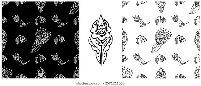 Folk ornament. Monochrome Seamless Patterns 
