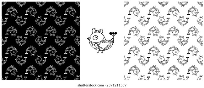 Folk ornament. Monochrome Seamless Patterns 