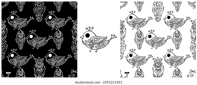 Folk ornament. Monochrome Seamless Patterns 