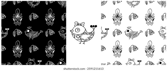 Folk ornament. Monochrome Seamless Patterns 