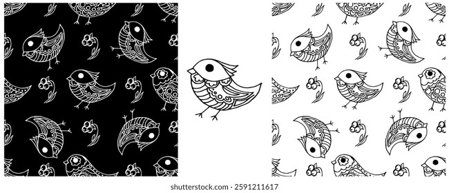 Folk ornament. Monochrome Seamless Patterns 
