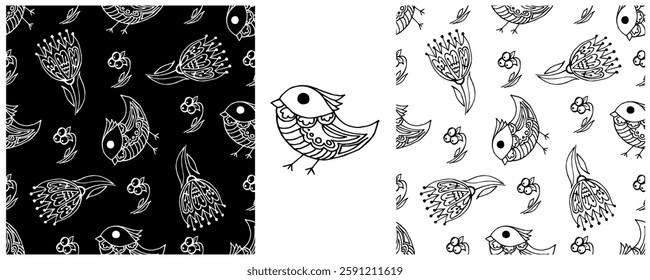 Folk ornament. Monochrome Seamless Patterns 