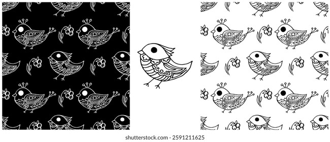 Folk ornament. Monochrome Seamless Patterns 