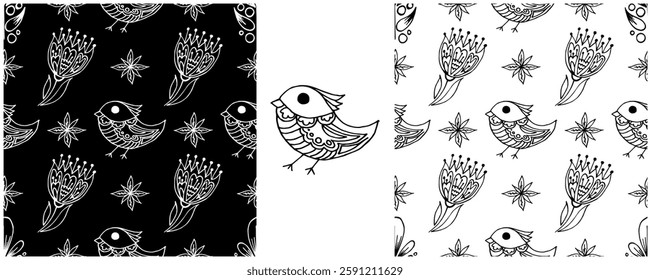 Folk ornament. Monochrome Seamless Patterns 
