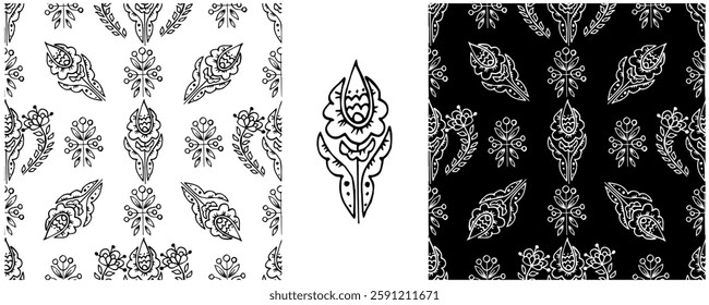 Folk ornament. Monochrome Seamless Patterns 