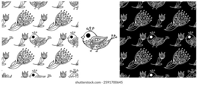 Folk ornament. Monochrome Seamless Patterns 