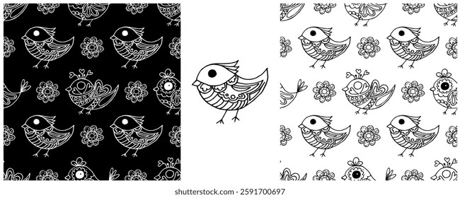 Folk ornament. Monochrome Seamless Patterns 