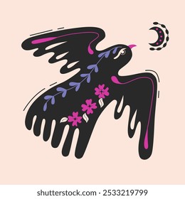  Folk ornamental bird and flowers. Best for greeting card. Template vector illustration.